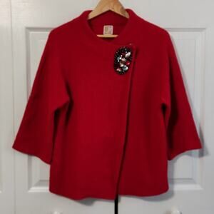 JM Collection Women's Red 100% Wool Wrap Style Coat Size SM Beaded Cardigan